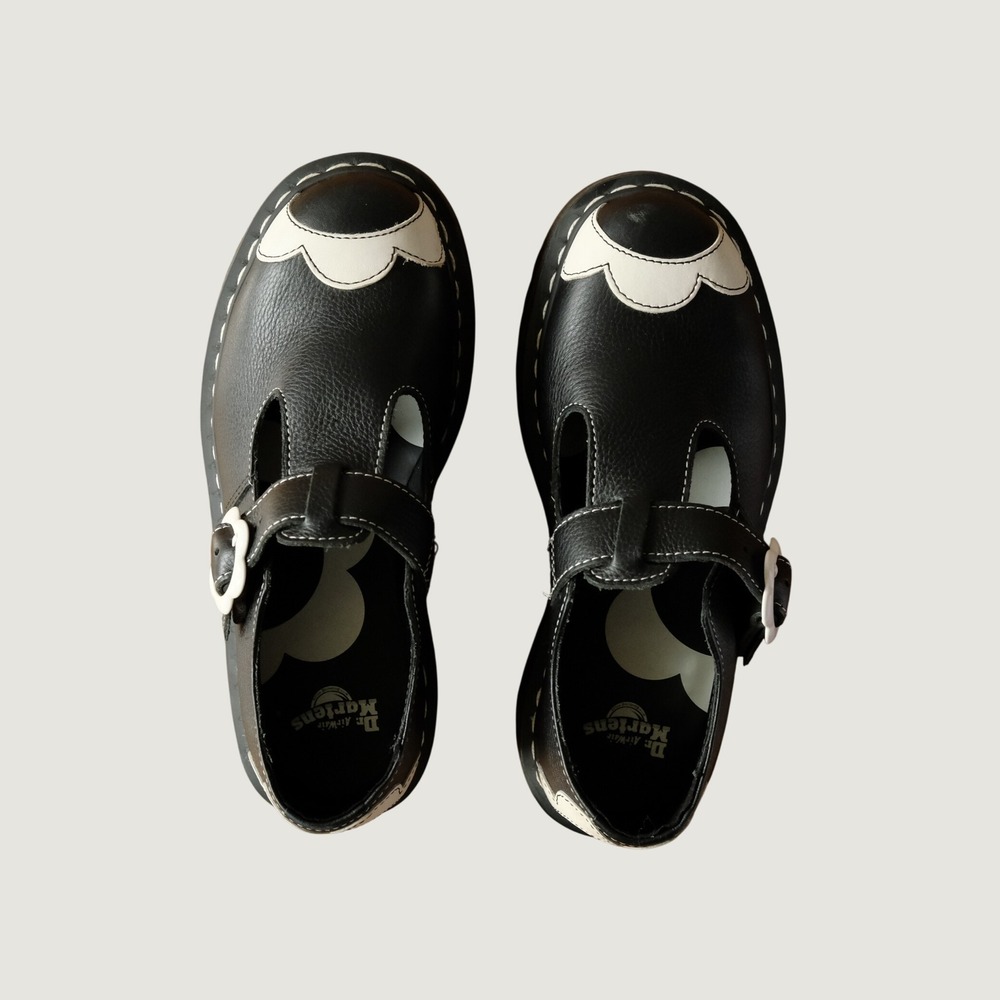 Dr. Martens Bethan Pisa Leather Platform Mary Jane Shoes Black White Floral US 7